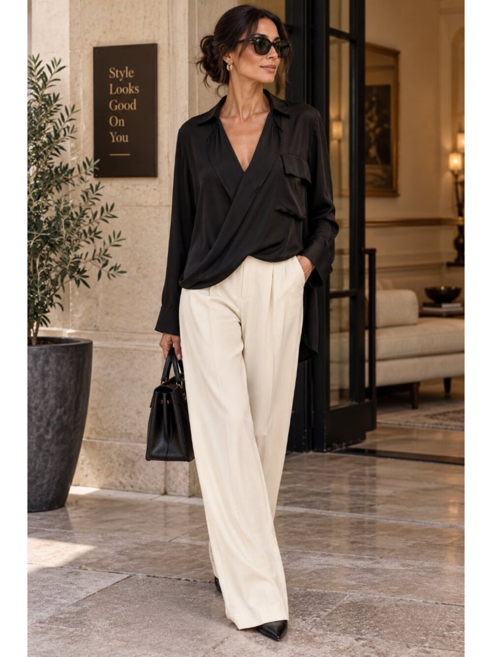 L’AGENCE Women’s M Black 100% Silk Draped Wrap Blouse High Low Long Sleeve